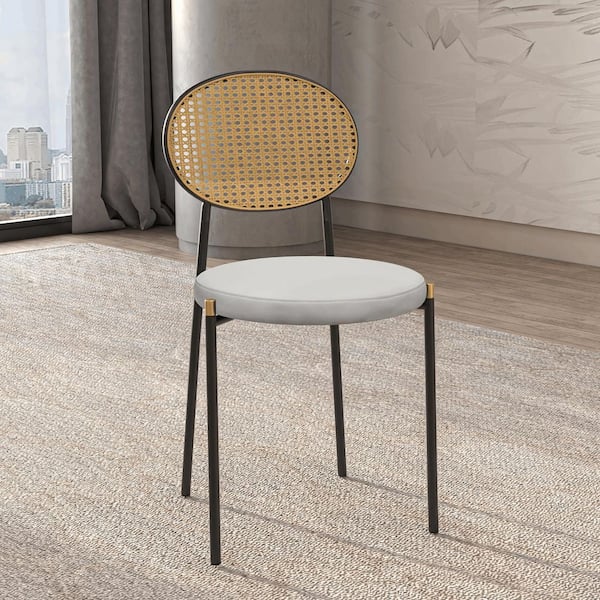 Euston Modern Wicker Dining Chair with Black Frame and Leather Seat in White Leather