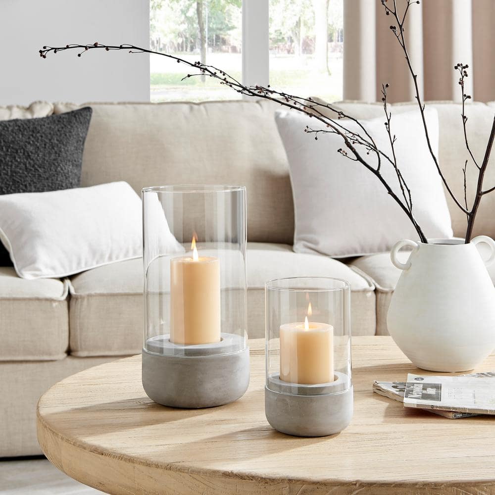Small Cool Gray Cement Base and Glass Hurricane Candle Holder