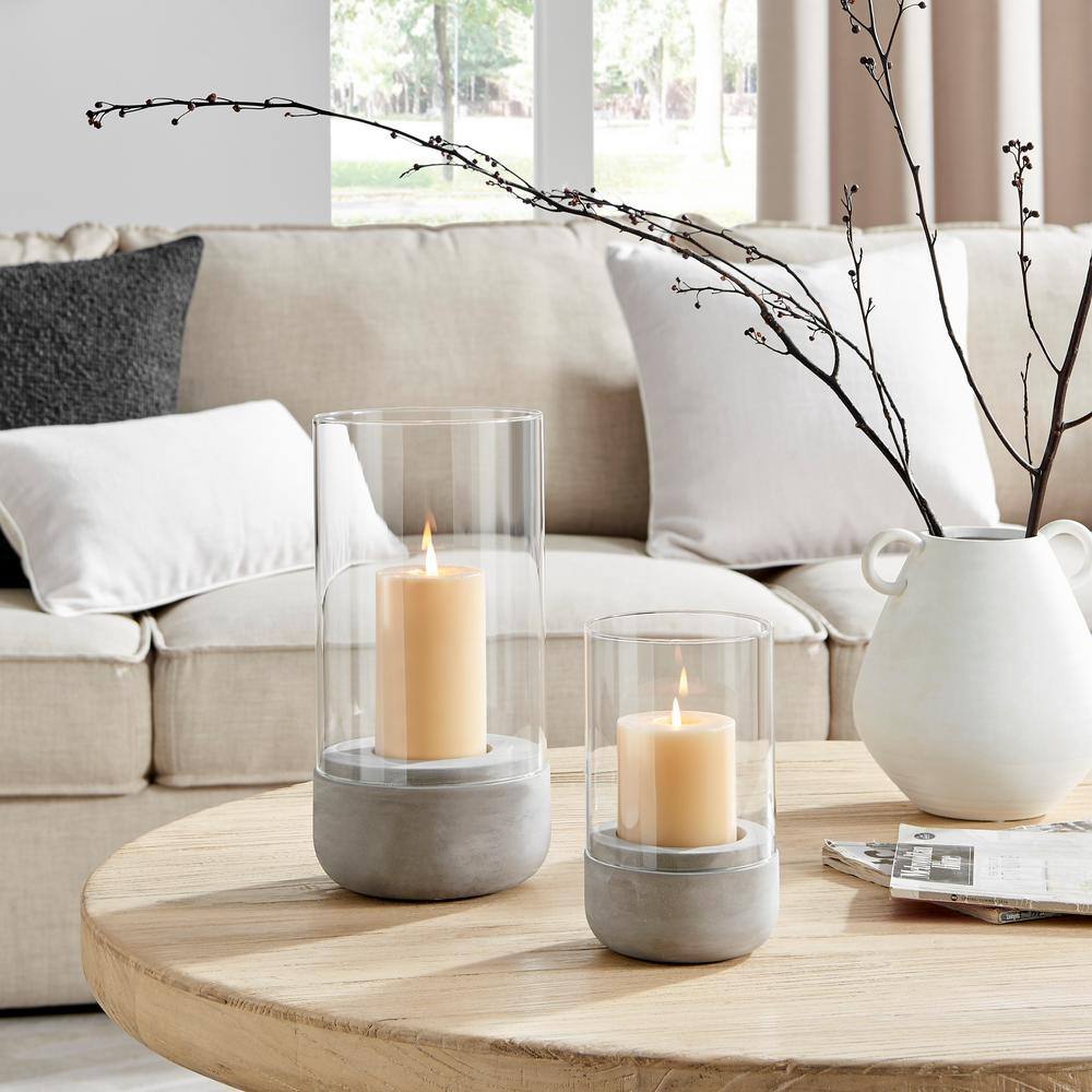 Large Clear Glass and Gray Cement Hurricane Candle Holder