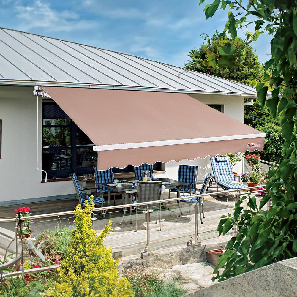 10 x 8 ft Beige Polyester Manual Retractable Patio Awning