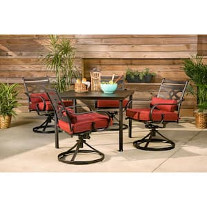 Montclair 5-Piece Metal Outdoor Dining Set with Chili Red Cushions, Swivel Rockers and Table