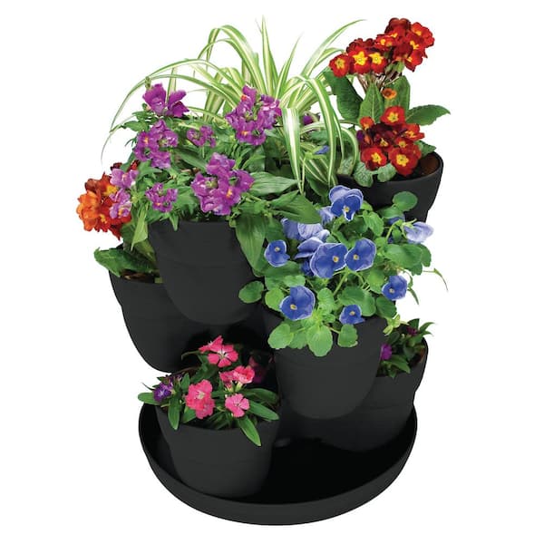 13 in. 3-Tier Resin Flower and Herb Vertical Gardening Planter in Charcoal