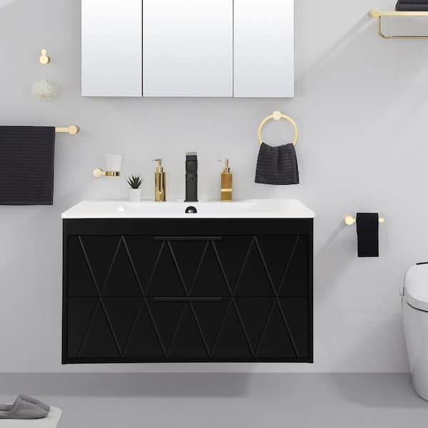 30 in. W x 18.1 in. D x 18.1 in. H Single Sink Bath Vanity in Black with White Ceramic Top and Drain Faucet Set