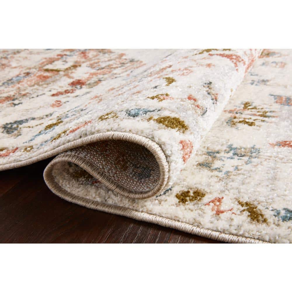 Ivory and Multicolor Round Synthetic Stain-Resistant Area Rug