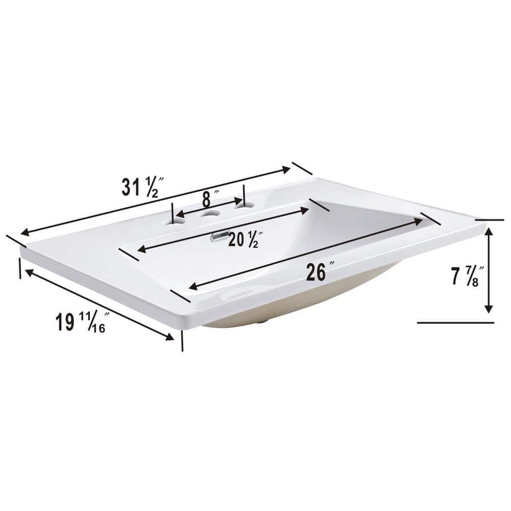 Lydia 31.5'' White Porcelain Rectangular Drop-In Bathroom Sink