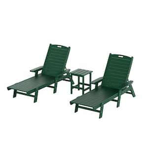 Harlo 3-Piece Dark Green Fade Resistant HDPE Plastic Reclining Outdoor Patio Chaise Lounge Arm Chair and Table Set