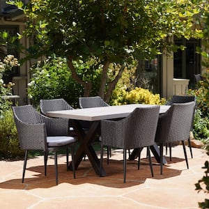 Macy Black and White 7-Piece Polyethylene Faux Rattan Outdoor Dining Set with Grey Cushions
