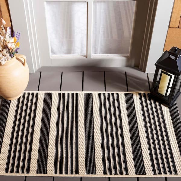 Courtyard Black/Bone 3 ft. x 3 ft. Striped Indoor/Outdoor Square Area Rug