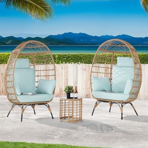 3-Piece Wicker Round Side Table Outdoor Bistro Set Wicker Egg Chair with Tiffany Blue Cushion
