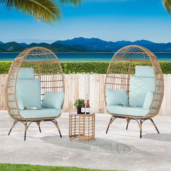 BFB 3-Piece Wicker Round Side Table Outdoor Bistro Set Wicker Egg Chair with Tiffany Blue Cushion