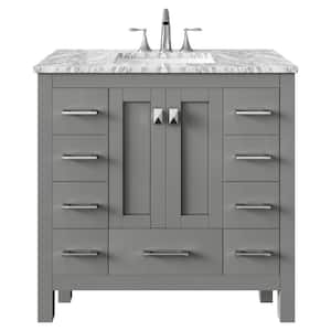 Hampton 36 in. W x 22 in. D x 34 in. H Bathroom Vanity in Gray with White Carrara Marble Top with White Sink