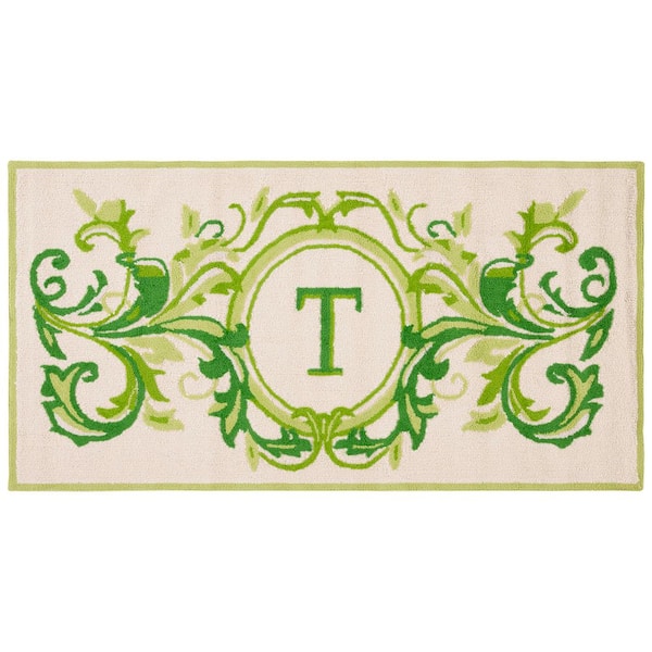 Monogram 3 ft. x 6 ft. Beige/Green Swirl Leaves Indoor/Outdoor Area Rug