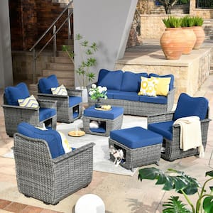 Sierra Black 7-Piece Wicker Multi-Functional Pet Friendly Outdoor Patio Conversation Sofa Set with Navy Blue Cushions