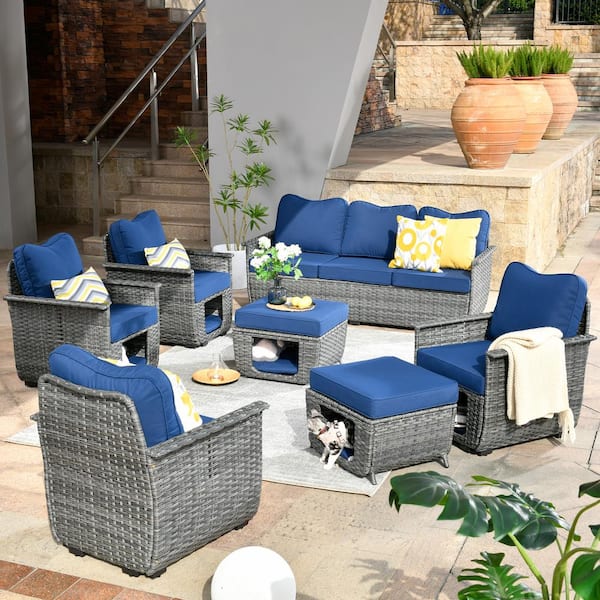 HOOOWOOO Sierra Black 7-Piece Wicker Multi-Functional Pet Friendly Outdoor Patio Conversation Sofa Set with Navy Blue Cushions