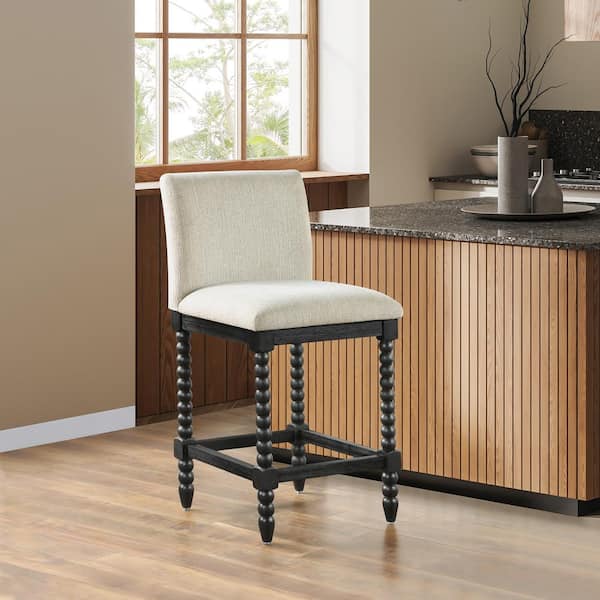 Eliza 26.5 in. Black Full Back Wood Spindle Counter Stool with Linen Fabric