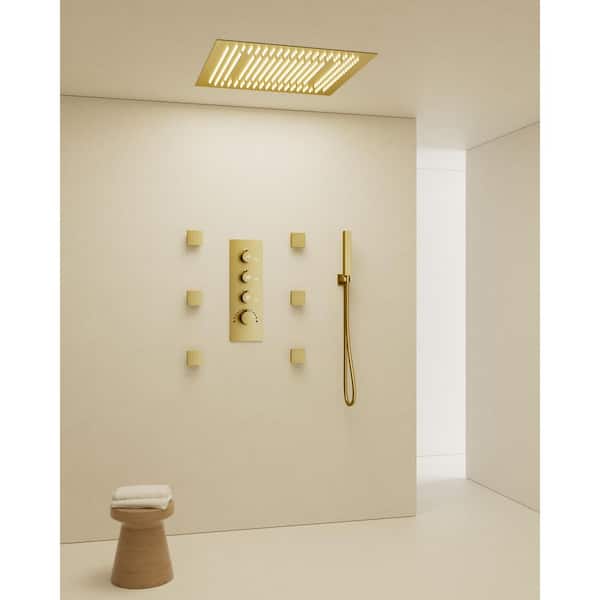 LED Mood Lighting 7-Spray 20 in. Ceiling Mount Dual and Handheld Shower 2.5 GPM in Brushed Gold (Valve Included)