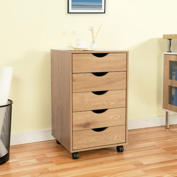 5-Drawer Natural Wood 15.75 in. W Tall Bedroom Dresser with Storage Shelves Vertical File Cabinet