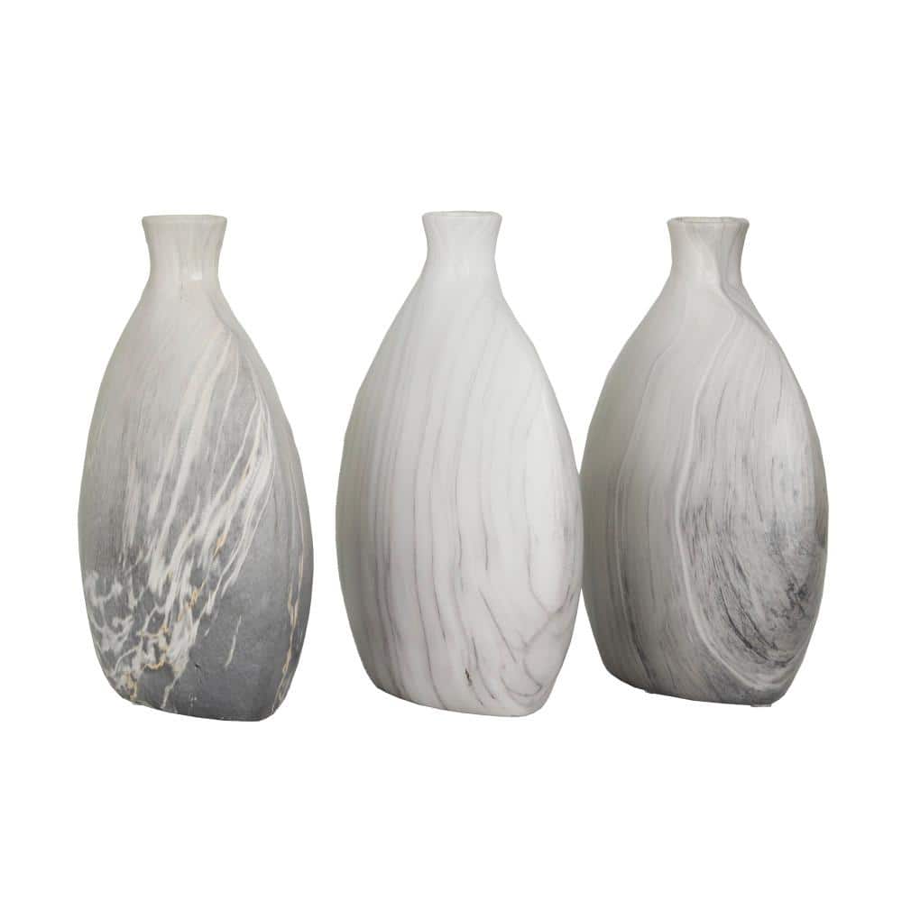 Set of Three Marble-Finish Ceramic Bottle Vases in Gray and White