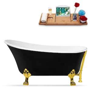 59 in. Acrylic Clawfoot Non-Whirlpool Bathtub in Glossy Black With Polished Gold Clawfeet And Polished Gold Drain