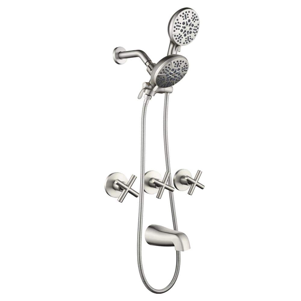 Brushed Nickel Triple Handle Rain Shower Faucet Set with Handheld