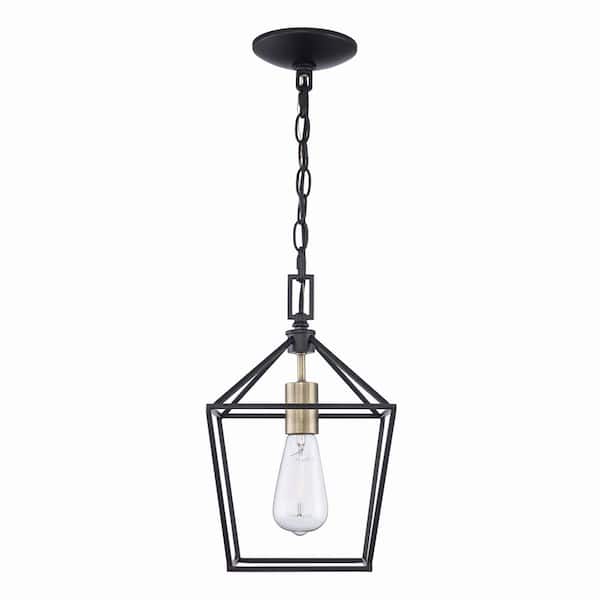 Home Decorators Collection Weyburn 1-Light Black and Gold Farmhouse Mini Pendant Light Fixture with Caged Metal Shade
