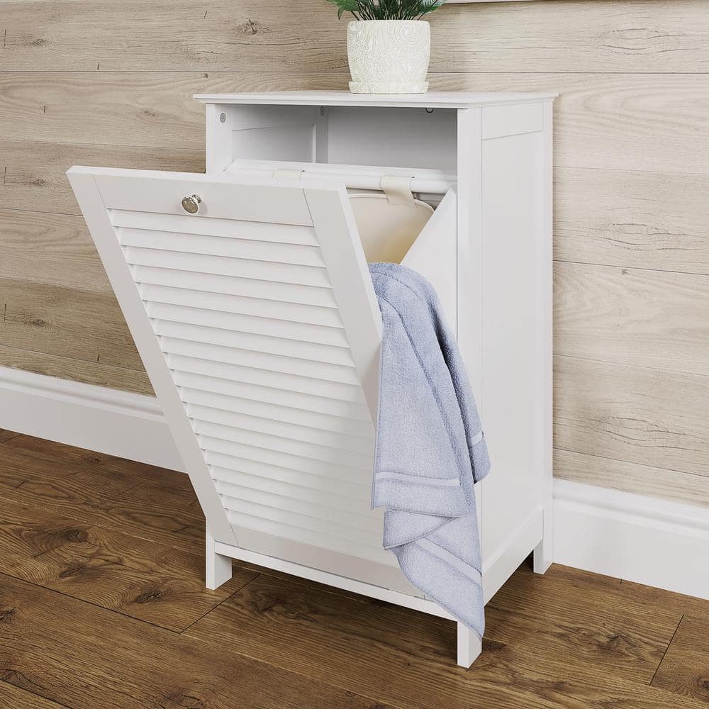 White Wood Composite Tilt-Out Laundry Hamper Cabinet with Cloth Bag