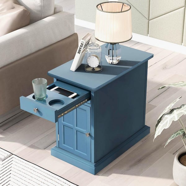 Unbranded 14 in. Antique Navy Rectangle Solid Wood End Table Side Table with USB Ports, Drawer, Cup Holders