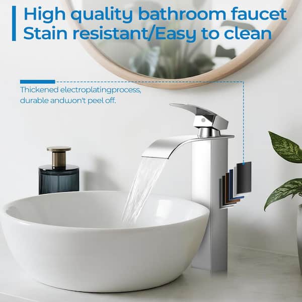 Single Handle Waterfall Vessel Sink Faucet with Pop-Up Drain in Polished Chrome