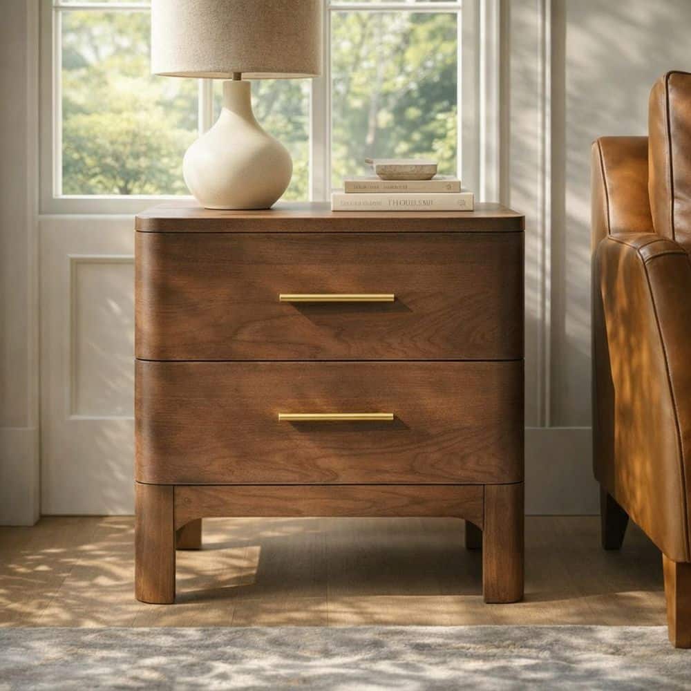 Faye Modern Brown 2-Drawer 23.62 in. W Nightstand with Brushed Gold Handles, Rounded Corners price history on PriceWatchPro