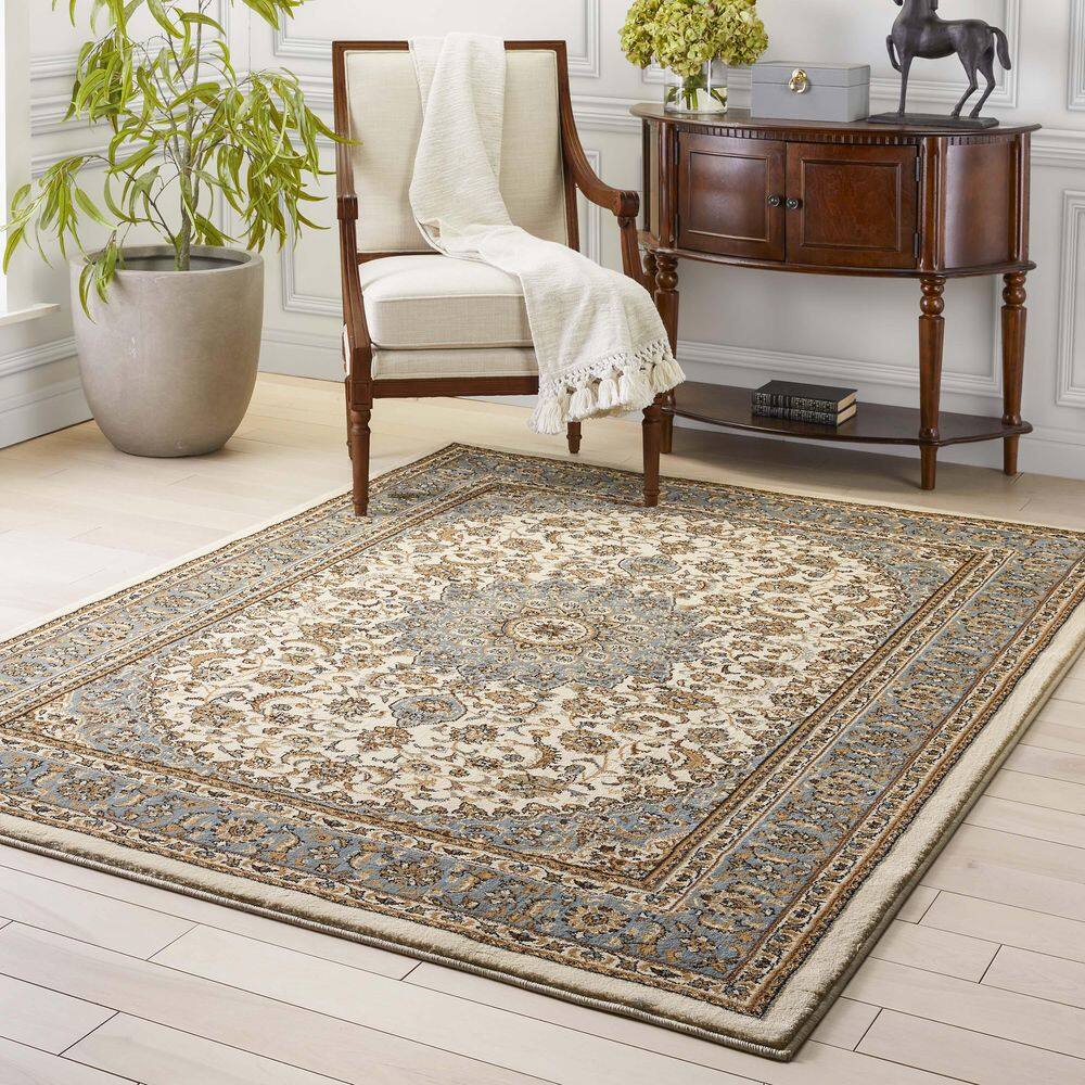 Ivory and Beige Medallion Synthetic Rectangular Rug