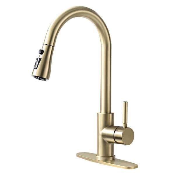 Single Handle Pull Down Sprayer Kitchen Faucet, 15.1 in Pull Out Bar Kitchen Sink Faucet with Deck Plate in Brushed Gold