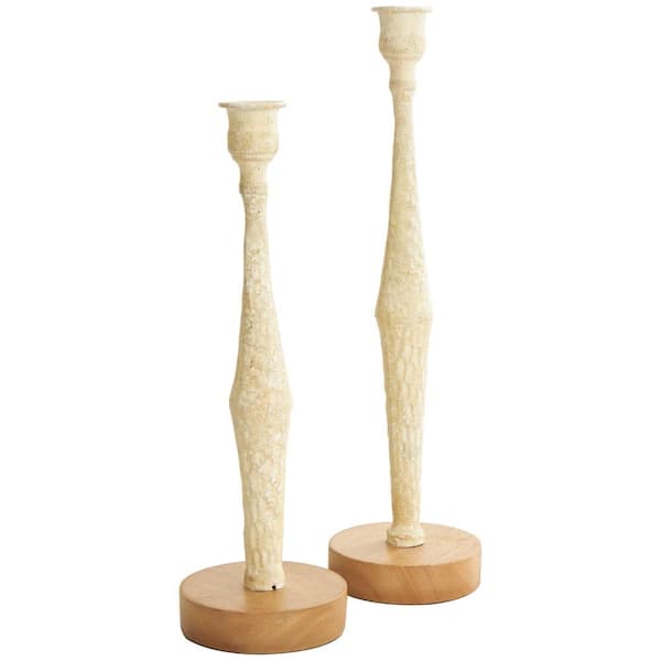 Litton Lane Cream Metal Textured Tapered Candle Holder with Brown Wood  Bases (Set of 2) 044954 - The Home Depot