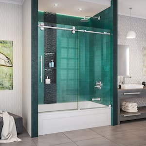 Enigma-XO 55-59 in. W x 62 in. H Fully Frameless Sliding Tub Door in Polished Stainless Steel
