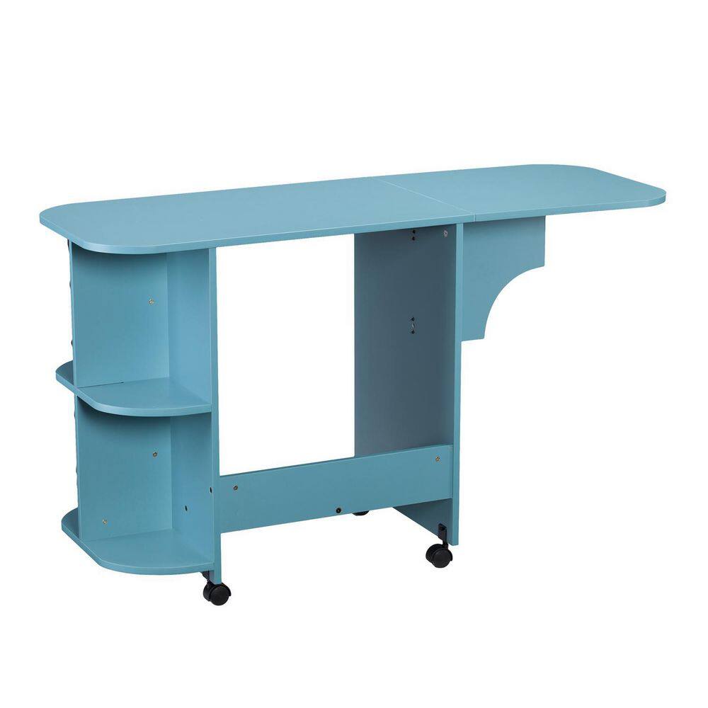 Turquoise Mobile Folding Sewing and Craft Table with Shelves