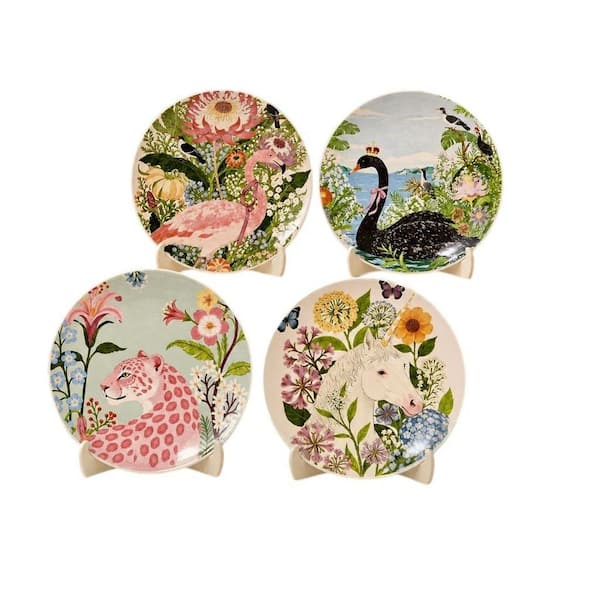4-Piece Muticolored Ceramic Plates Set, 8.5 in. Dessert, Salad and Appetizer Plates, Illustrated Style, Dishwasher Safe