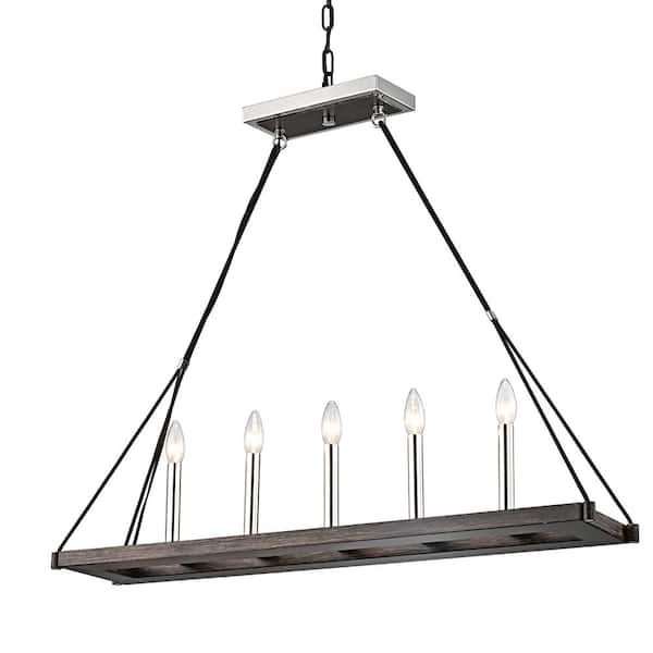 Edvivi Hartwell 5-Light Modern Polished Nickel and Wood Finish Rectangular Linear Island Hanging Chandelier for Kitchen