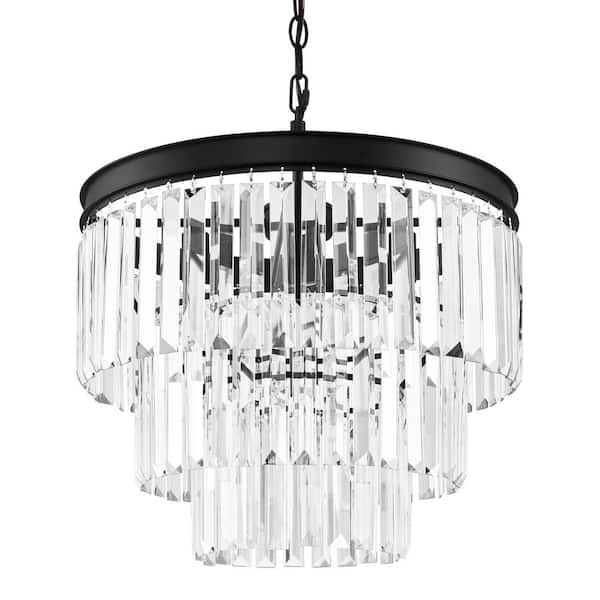 Home Decorators Collection North Falls 5-Light Black Tiered Pendant Light with Crystal Shade