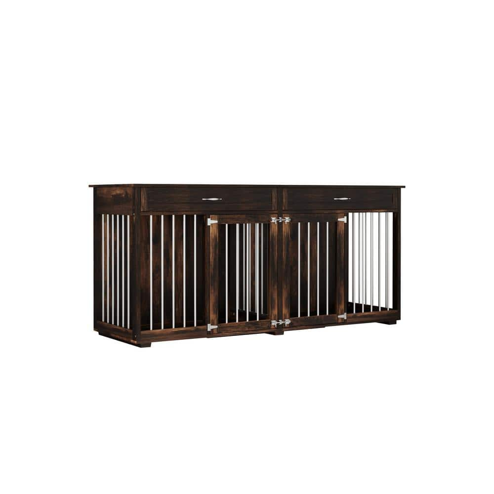 FUFU&GAGA Large Wooden Dog House with Drawers and Divider Indoor Furniture Style Dog Crate Dark Tiger Skin Dog Cage for L M S Dogs