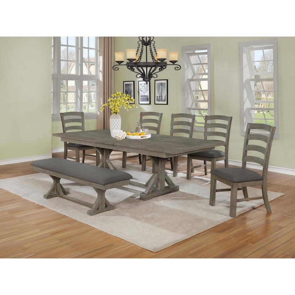 Rustic Gray Brown Wood 7-Piece Dining Set with Linen Chairs