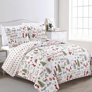 Multi-Colored Reversible Holiday Themed King Microfiber 3-Piece Quilt Set Bedspread