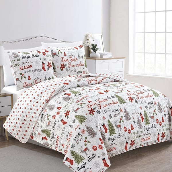 FRESHFOLDS Multi-Colored Reversible Holiday Themed King Microfiber 3-Piece Quilt Set Bedspread