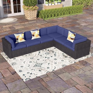 Dark Brown Rattan Wicker 6 Seat 6-Piece Steel Outdoor Patio Sectional Set with Blue Cushions