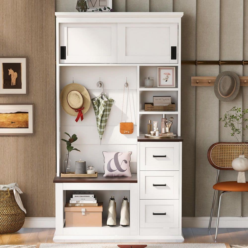 40.2 in. W x 16.5 in. D x 71.3 in. H White Wood Hall Tree with Coat Rack, 4