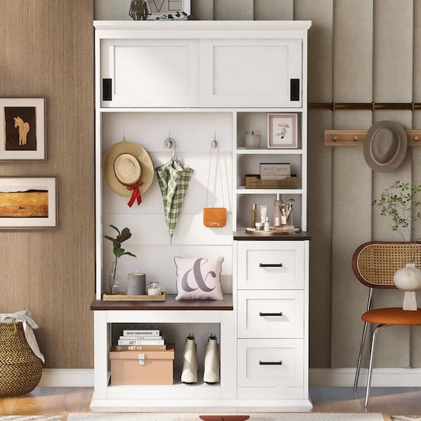 Unbranded 40.2 in. W x 16.5 in. D x 71.3 in. H White Wood Hall Tree with Coat Rack, 4-Hooks, 3-Shelves and Drawers for Entryway