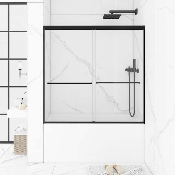 60 in. W x 58 in. H Double Sliding Tub Door in Matte Black with Clear Tempered Glass