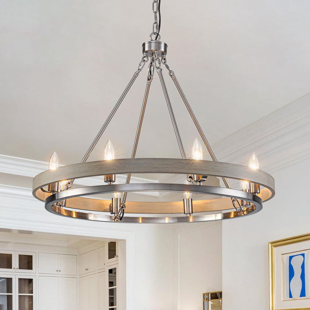 LLHZSY 29.13 in. 8-light Farmhouse Satin Nickel Dimmable Wagon