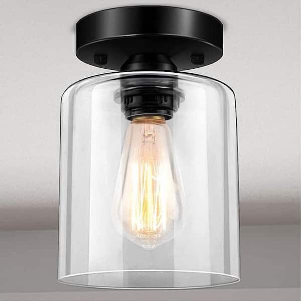 YANSUN 5.51 in. 1-Light Black Vintage Ceiling Light,Retro Semi Flush Mount with Clear Glass Shade for Hallway