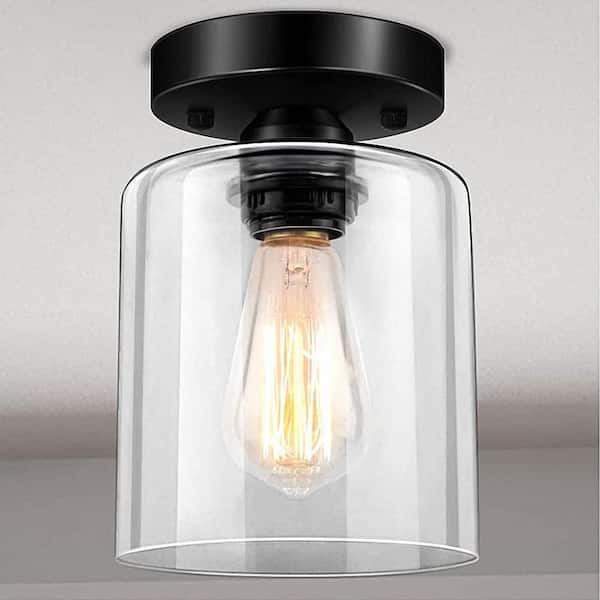 5.51 in. 1-Light Black Vintage Ceiling Light, Retro Semi Flush Mount Fixture with Clear Glass Shade for Hallway Entryway