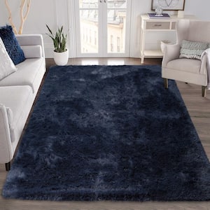 Polyester Faux Fur Tie-Dyed Navy 5 ft. x 8 ft. Solid Fluffy Area Rug