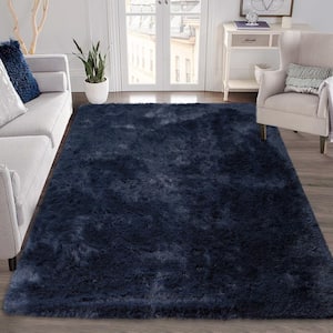 Polyester Faux Fur Navy 8 ft. x 10 ft. Solid Fluffy Area Rug